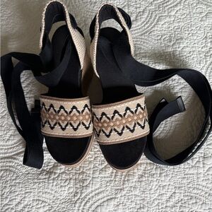 UGG Black and Tan Woven Espadrille Wedge Sandals with Ankle Ties